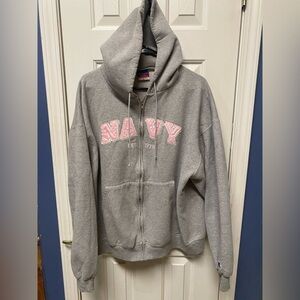 Champion Eco Fleece Hoodie US Navy Women XL Pink Lettering Full zip closure